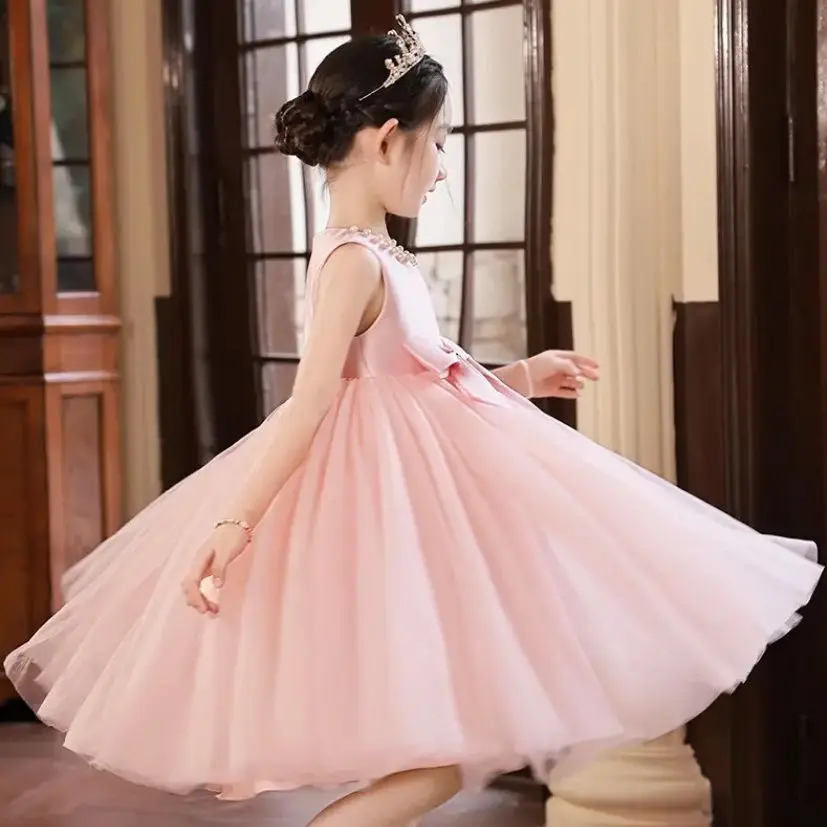 Elegant Princess Lace Dress Kids Flower Embroidery Dresses For Girls Vintage Children Dresses for Christmas Party Red Ball Gown