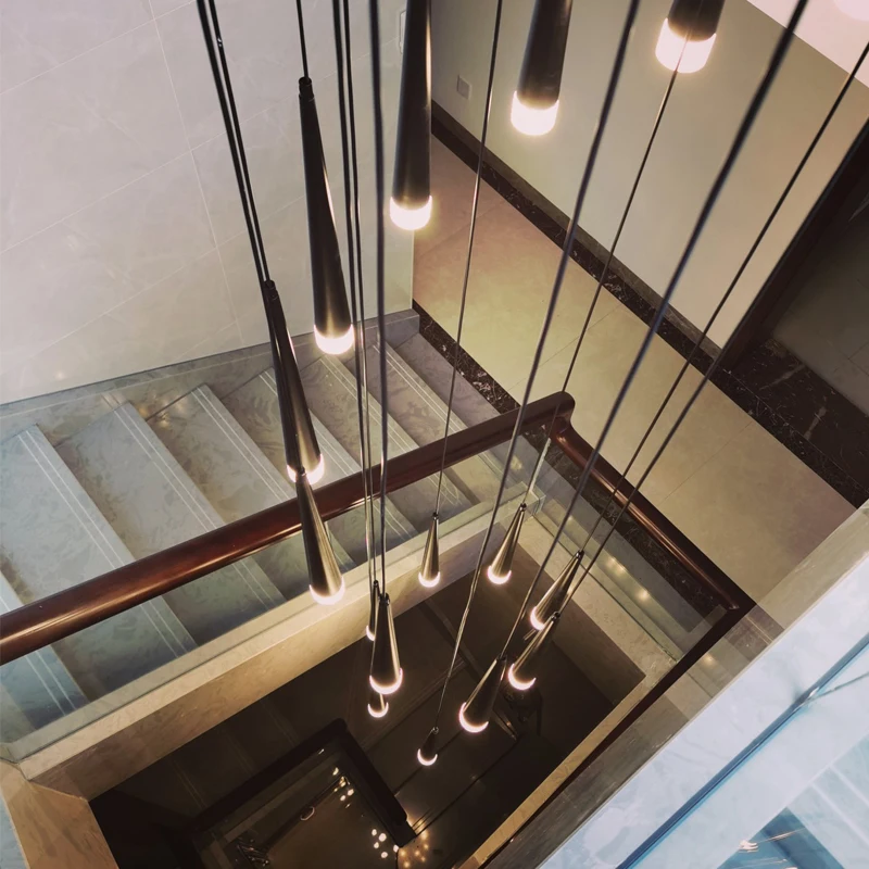 Spiral stair chandelier, Nordic villa duplex stairwell, suspended long lamp, designer minimalist bar restaurant lamps