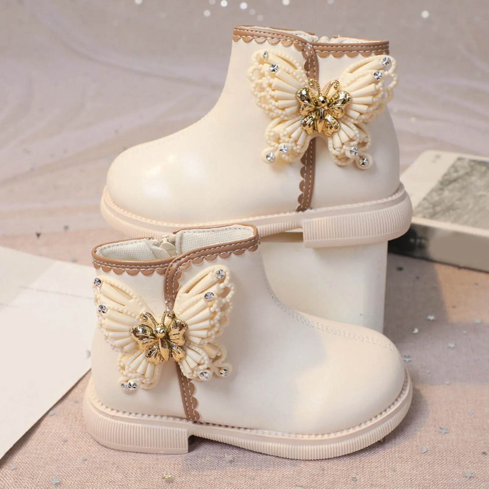 Autumn Winter Girls Ankle Boots Fashion Non-slip Quality Leather Short Boots Children Rhinestones Butterfly Fall Princess Boots