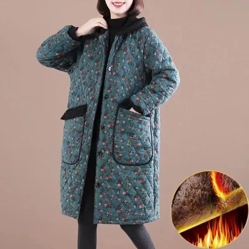 두꺼운 따뜻한 코튼 자켓 여성 겨울 새로운 느슨한 대형 캐주얼 프린트 폴리에스테르 섬유 충전 코트 통근 스타일