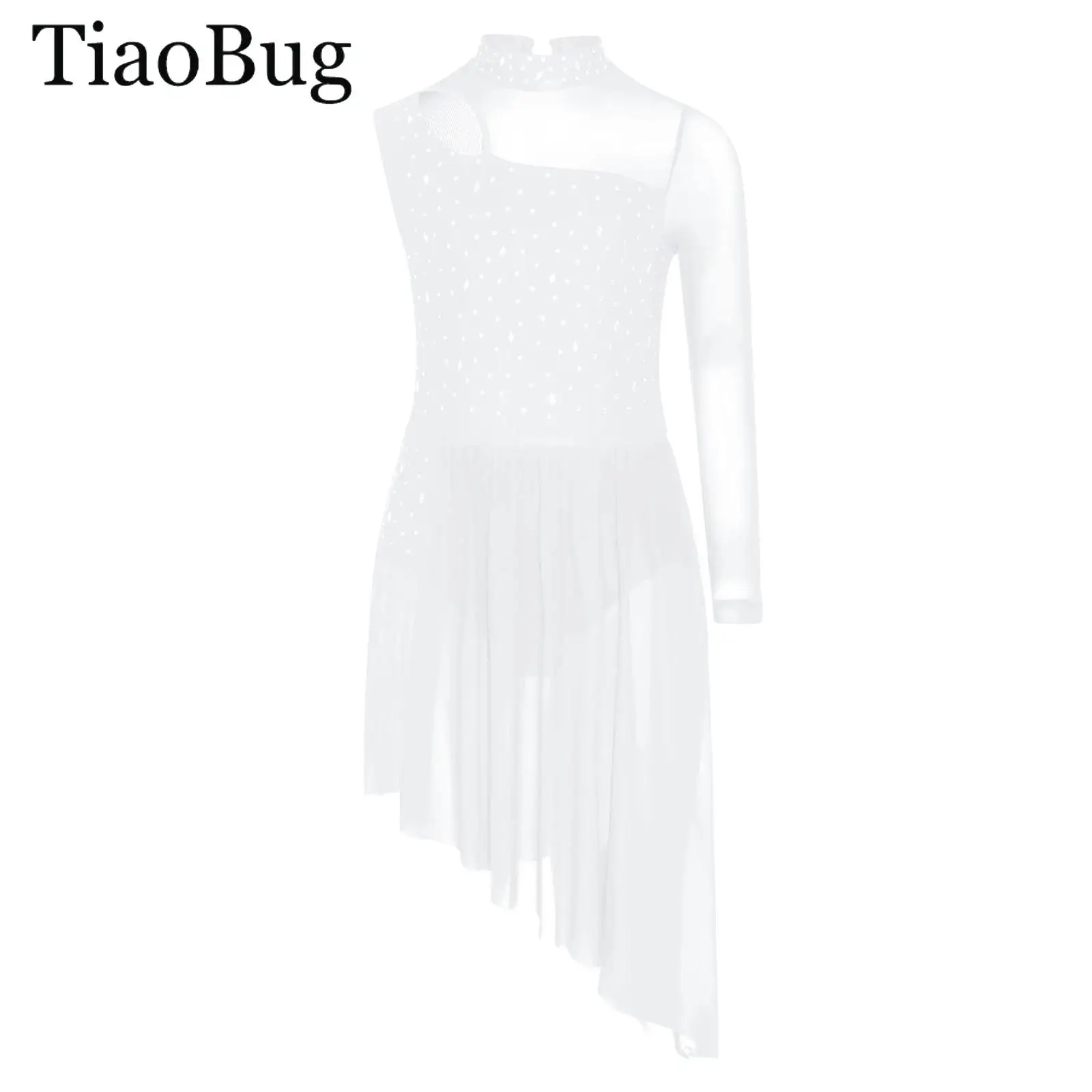 

Kid Girls Ballet Lyrical Dance Dress Asymmetrical Side Split Sheer Mesh Rhinestone Gymnastics Skating Contemporary Dance Costume