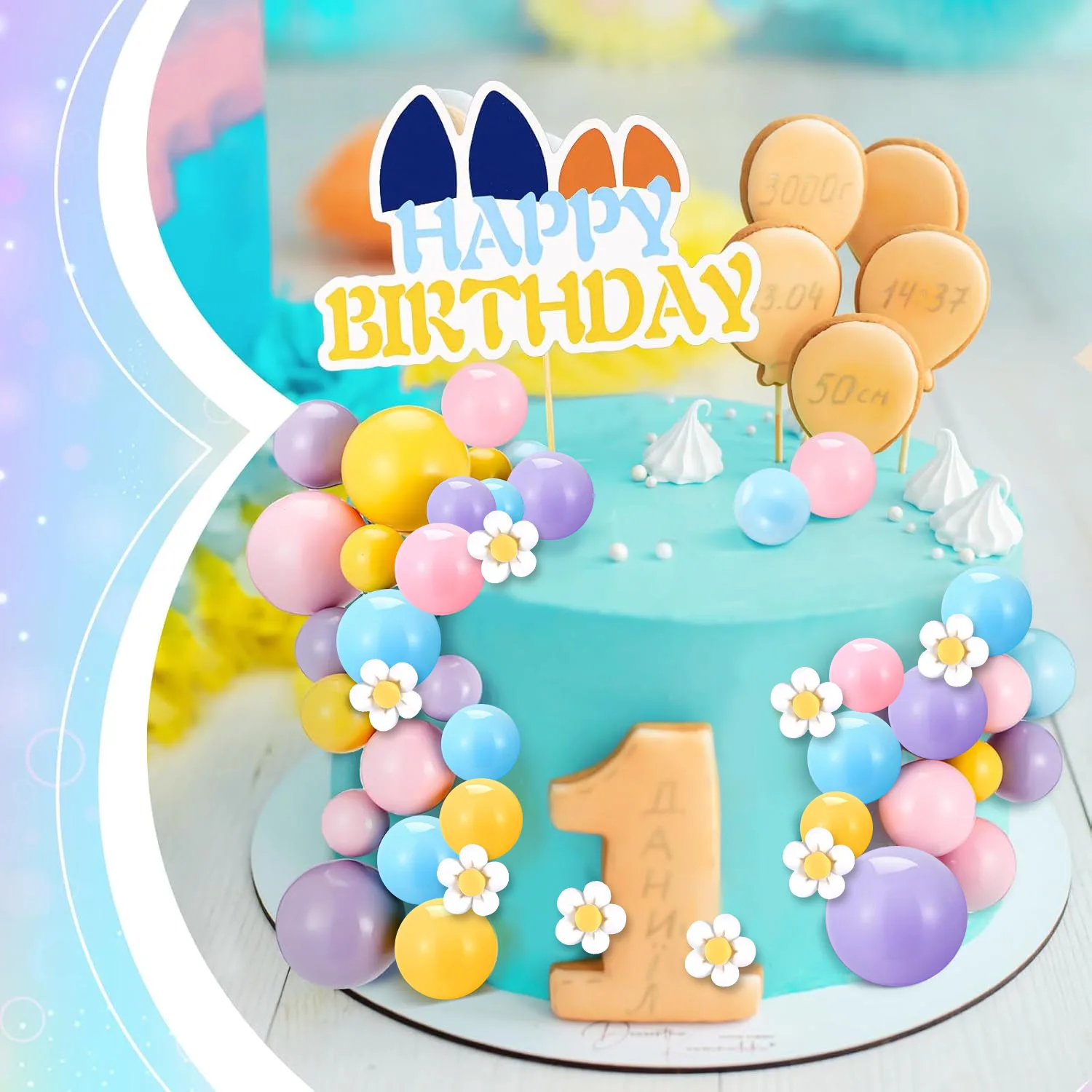63Pcs Blue Dog Cake Toppers with Balls and Flowers for Birthday Decoration Groovy Pastel Cupcake Inserts Hippie Wedding Party