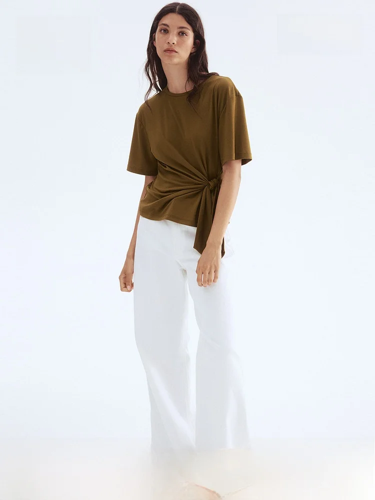 

H&M Women's T-irt Casual Sle Gathered Hem Design Trendy Simple Faion Loose Fit Top Polyester Blend ort Sve