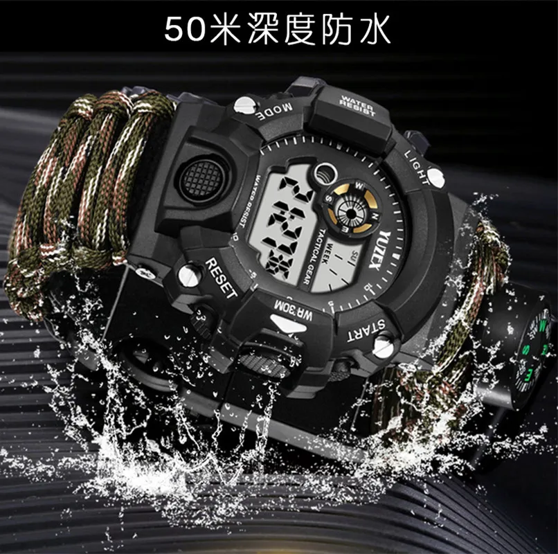 Outdoor Multifunctional Umbrella Rope Waterproof Watch Outdoor Survival Bracelet Sports Watch Strap Sparkstone Whistle Compass