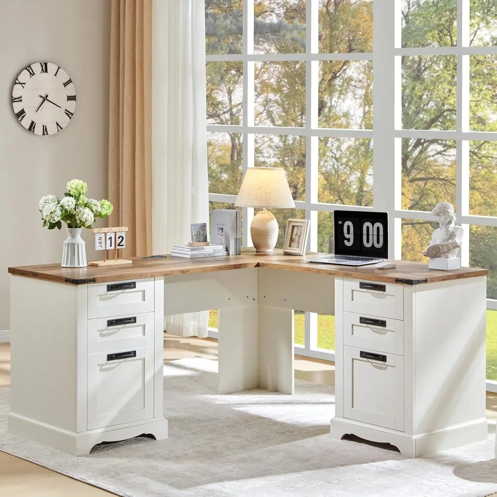 

L-Shaped 60" Farmhouse Desk with Drawers, Wood Corner Office Desk for Home, Executive Desk with Charging Station, File and Stora