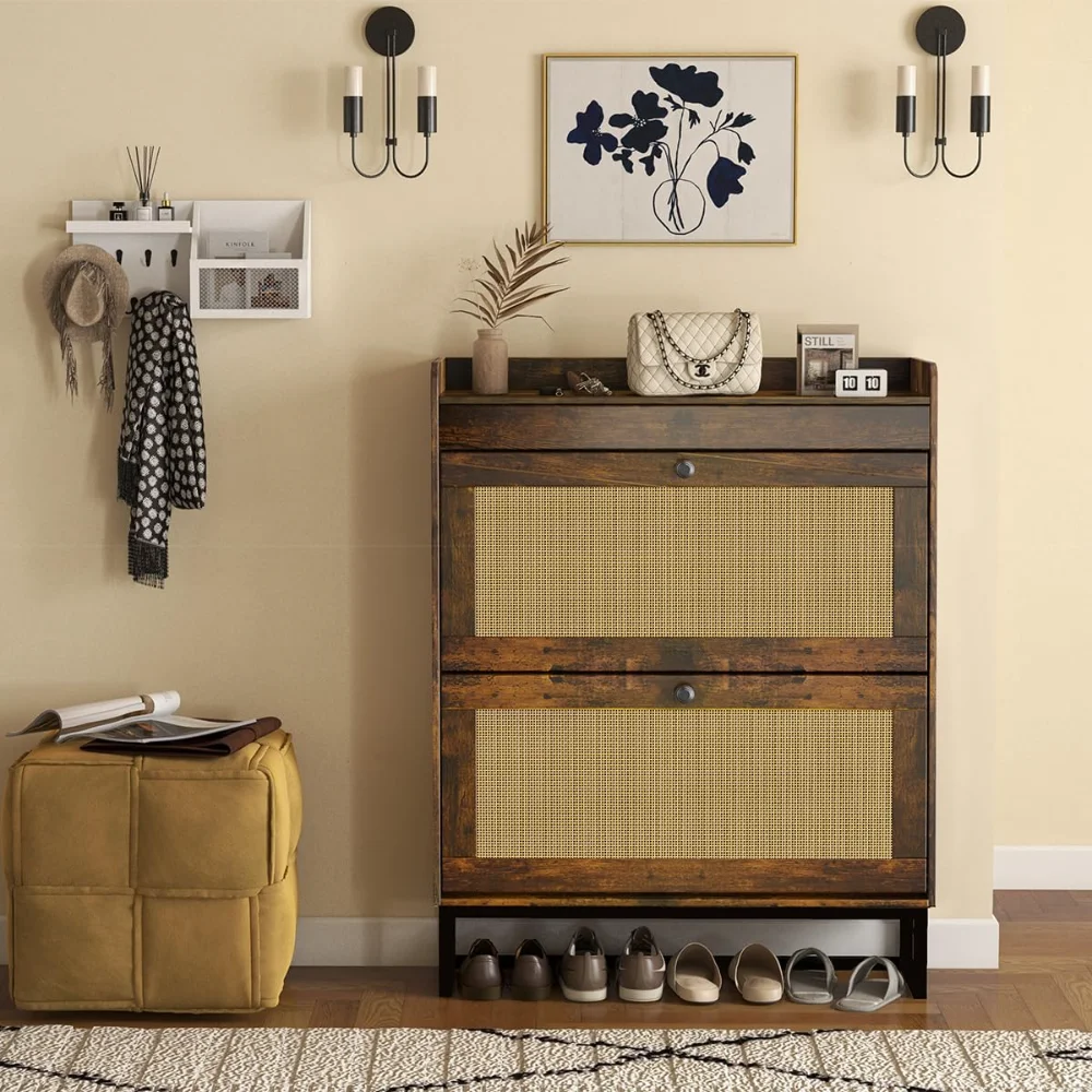 

Shoe Storage Cabinet with 2 Flip Drawers,Rattan Shoe Storage Organizer with Metal Legs for Entryway