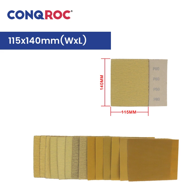 115x140mm Yellow Sanding Sheets Aluminum Oxide Dry Rectangular Sanding Papers Hook & Loop 50-Piece Grit P40~1000