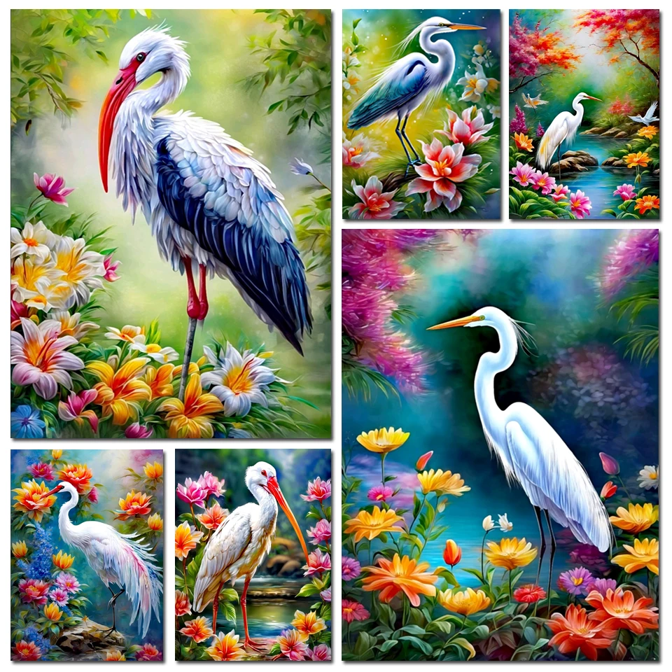 2024 New 5D Diamond Painting Egret Flowers Scenery Full Round Square Mosaic Embroidery Chinese Style Wall Art Bird Decor