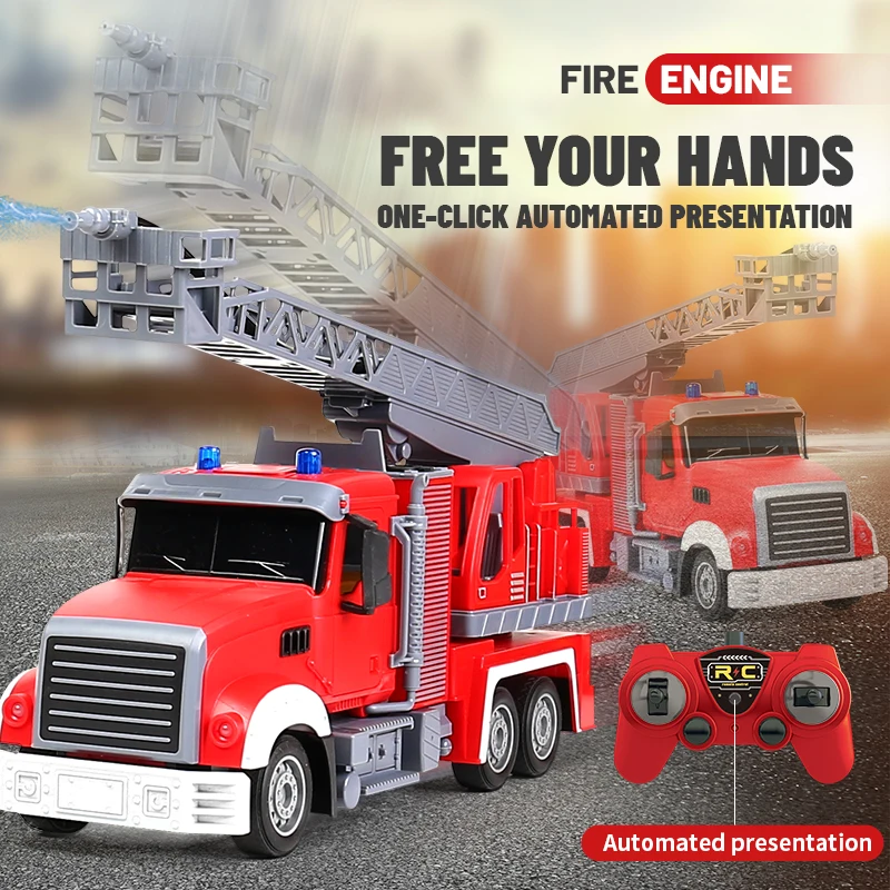 New Remote Control Fire Truck Charging Oversized One Key Demonstration Rescue Can Spray Water Ladder Water Cannon Car Model Boys