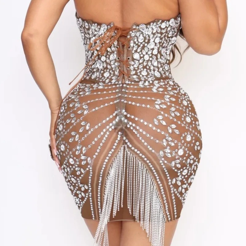เซ็กซี่Backless Tubeด้านบนเอวRhinestoneประกายชุดกระโปรงสั้นสะโพกจัดเลี้ยงนักร้องรุ่นVestidos Para Grad