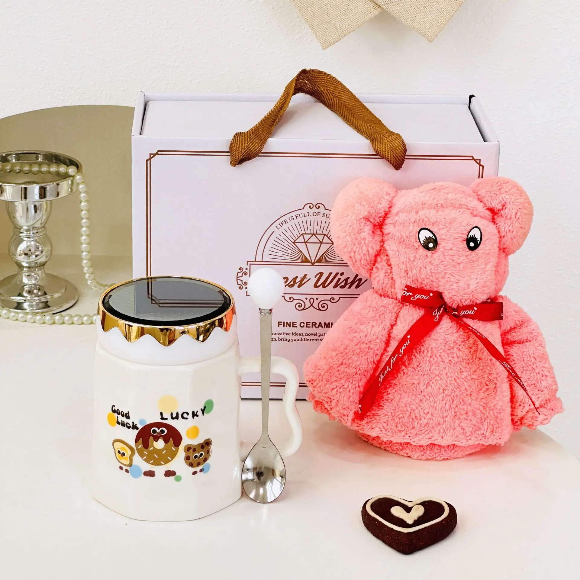 Cute Baking Mirror Cup With Lid Female Ceramic Birthday Gift Home Makeup Handheld Set