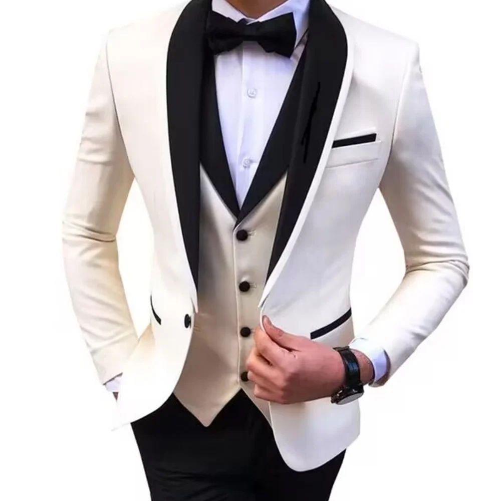 Conjunto masculino casual slim fit smoking de 3 peças – terno formal de negócios de cor sólida com lapela xale blazer de um botão colete calças