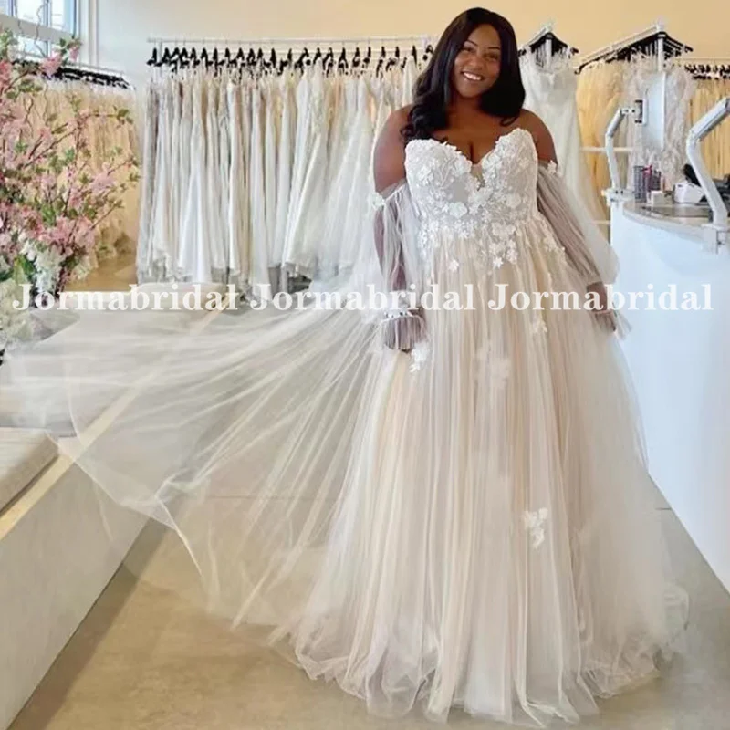 Plus Size Boho Wedding Dresses Light Champagne Sweetheart Floral Applique Soft Tulle Off Shoulder Puffy Long Sleeve Bridal Gowns