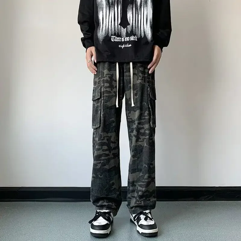 

With Pockets Men's Jeans Camouflage Trousers Wide Leg Stacked Soft Japanese Street Style Y 2k Vintage Casual Male Cowboy Pants