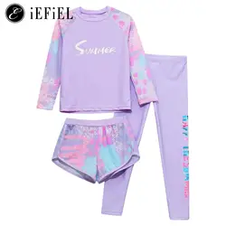 Kids Girls 3Pcs Swimwear Sunsuit Outfit Long Sleeve Floral Rash Guard Tops Shorts and Legging Sun Protection Sport Swimsuit Set