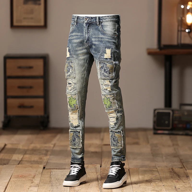 Street Fashion Men Jeans Retro Washed Blue Stretch Skinny Fit Ripped Jeans Men Embroidery Patched Designer Hip Hop Denim Pants
