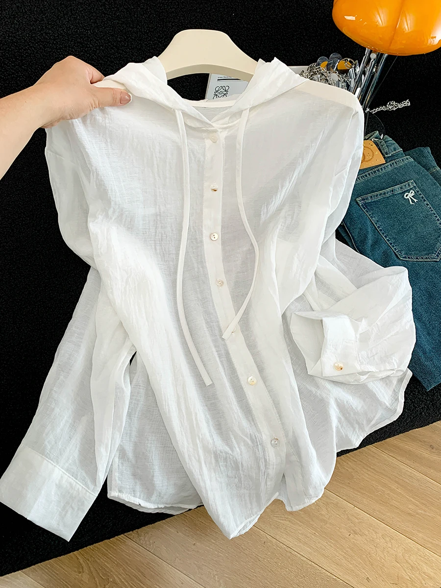 

White Ice Silk Long Sleeve Shirt Coat Women's Summer New Thin Mesh Air Conditioned Loose Top with Hat French Style Cotton Blend