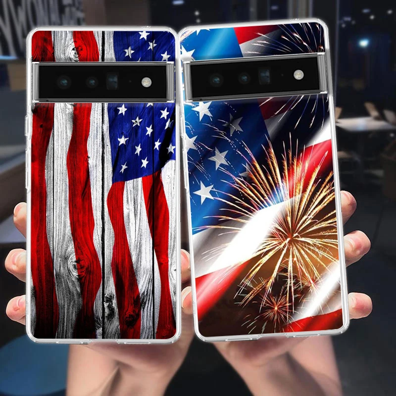 American United States Flag Phone Case Cover for Google Pixel 9 8 7 6 5 4 XL Silicone 7A 6A 5A 4A 3A XL Pro 5G Transparent Shell