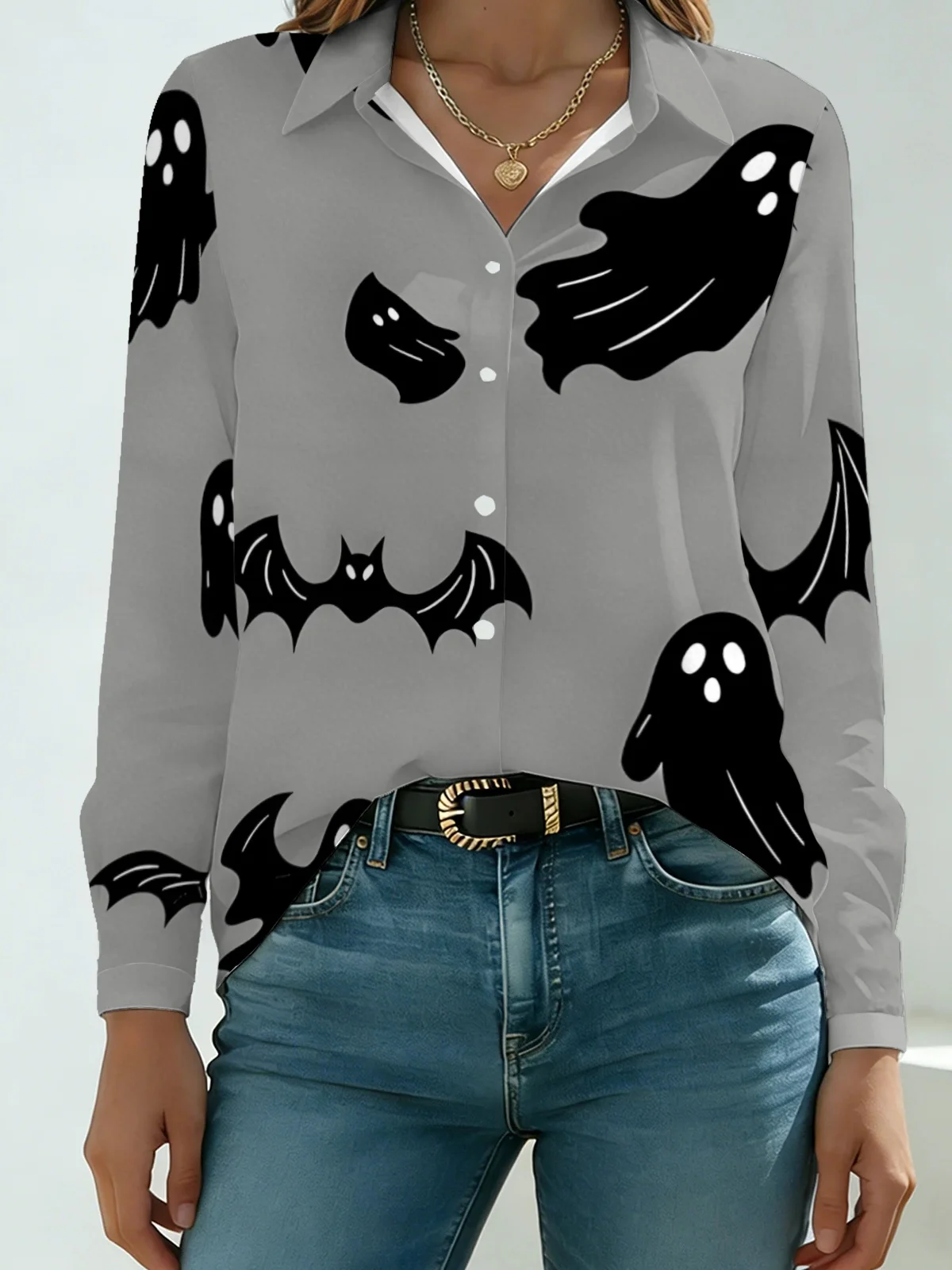 Minimal Neutral Halloween Womens Collared Shirt Soft Light Grey Base Black Ghost Bat Allover Print Long Sleeve Night Club Gentle