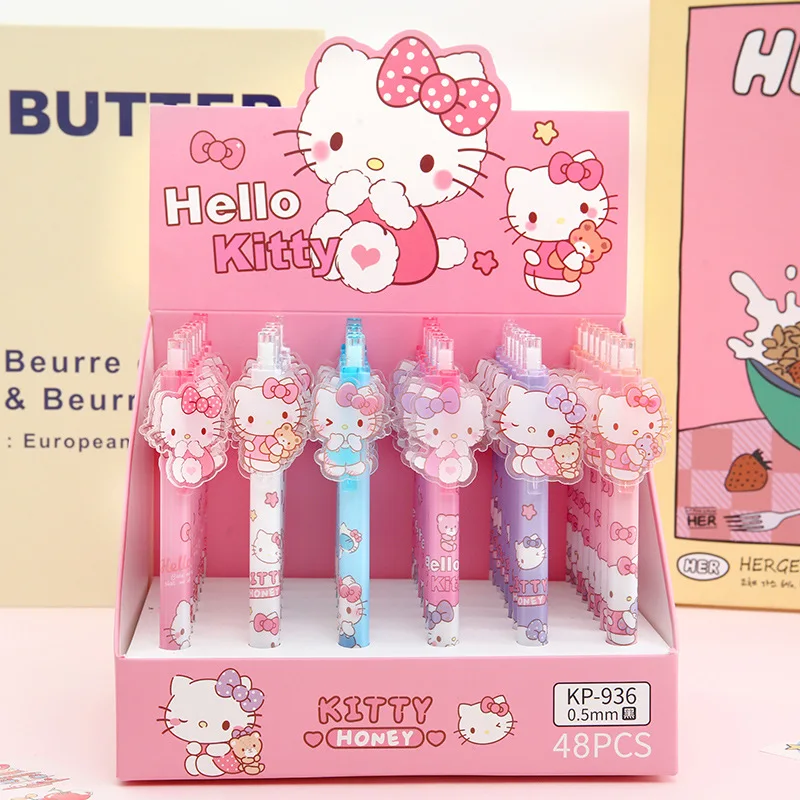 Sanrio 48pcs Gel Pens Kawaii Hello Kitty Acrylic Patch Pen 0.5 Black School Office Stationery Student Exam Cartoon Pen Wholesale