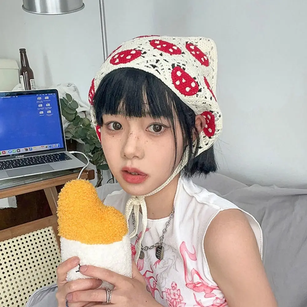 Mushroom Knit Hairband Crochet Cotton Hollow Triangle Bandana Scarf Sweet Cute Headband Turban Headwear