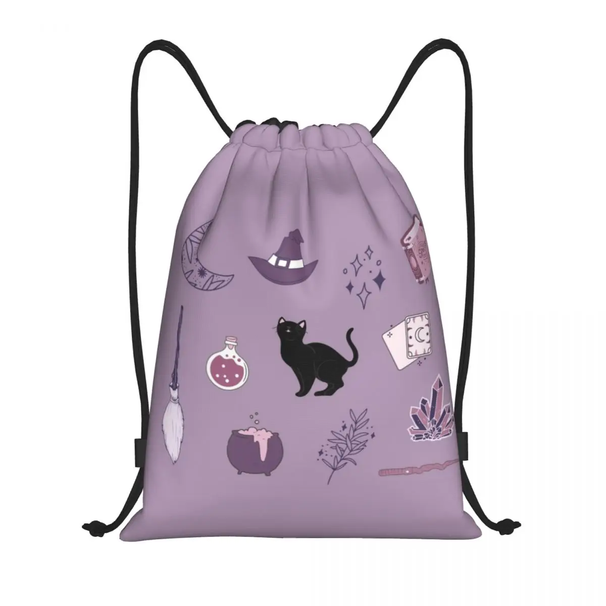 Mochila de cordão para homens e mulheres Pacote de bruxa roxa Saco de ginástica esportiva Halloween Spooky Cat Training Sackpack