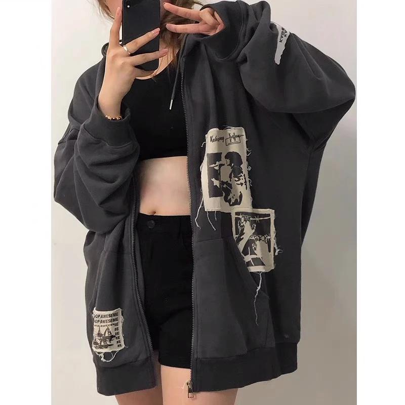 

Women's Brown fiti Print Zip Hoodie Vintage Street Sle Autumn Faion Ladies' Sweatirt Comfortable Casual Wear