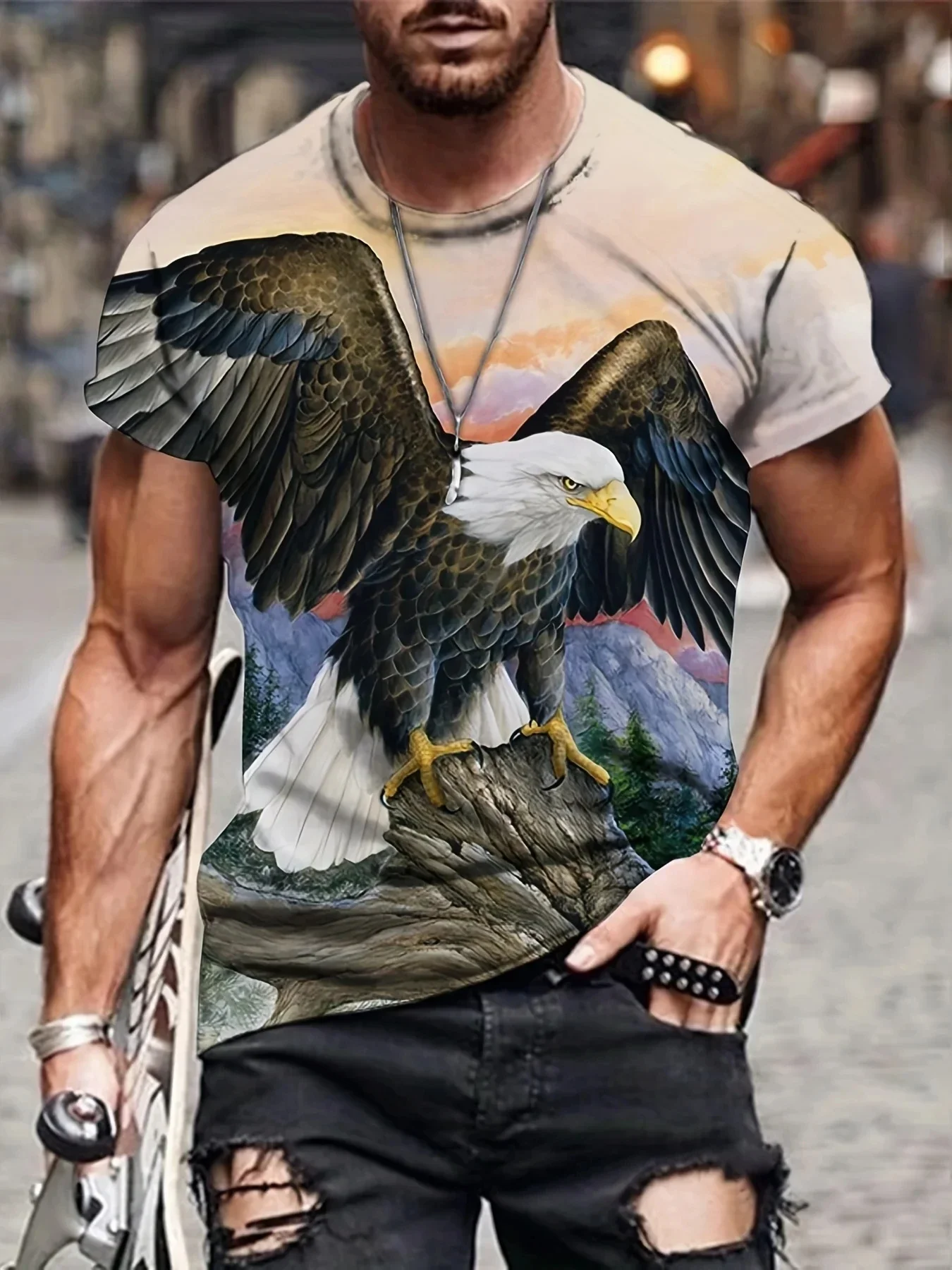 New Men's Eagle Moon Red Forest 3D Print Crew Neck Short Sleeve Casual Loose Tops Summer Outdoor Street Daily Wildlife T-Shirt