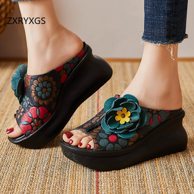 

ZXRYXGS Премиум-класс: Новые женские летние шлепанцы 2026 из натуральной кожи с цветочным принтом, модные туфли-мюли на танкетке с открытым носком, для улицы