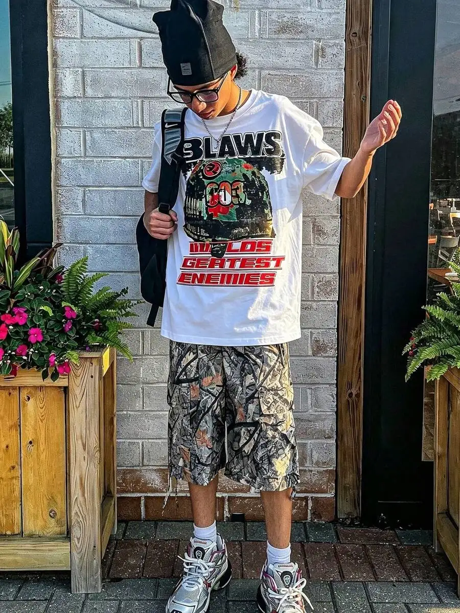 American Graffiti Printed Short Sleeved T-Shirt (180g Cotton T-Shirt) Made Of 100% Pure Cotton - Soft And Breathable, With A Summer Street Style,