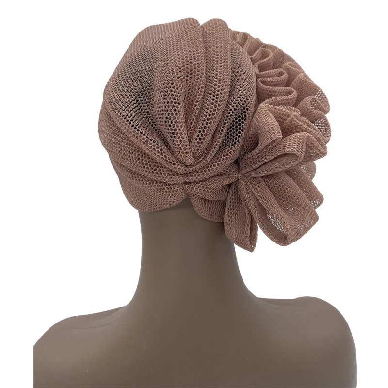 2022 Summer New Mesh Women\'s Turban Cap with Side Ruffles Design Already Made African Headtie Nigeria Auto Geles Lady Head Wraps