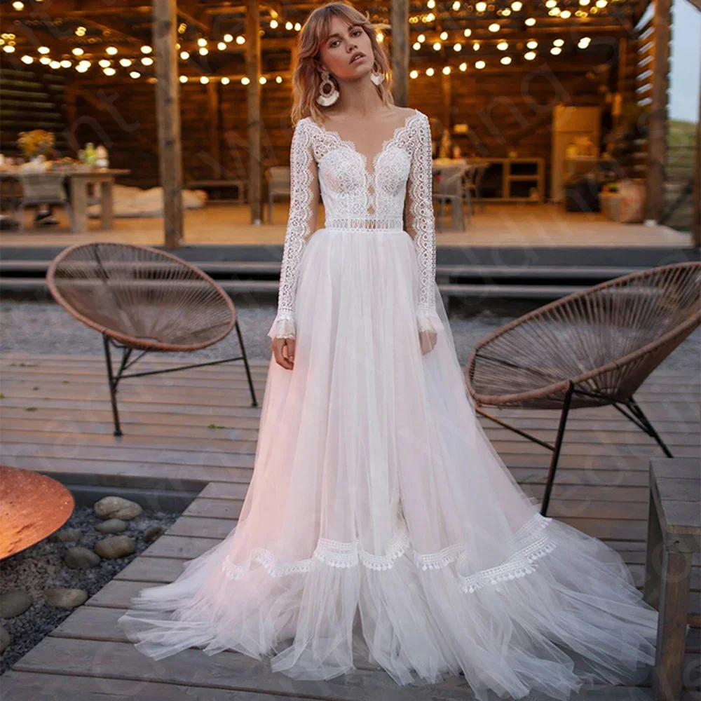 

Exquisite On Sale Boho Wedding Dresses 2023 Lace Long Sleeves Bridal Gowns Illusion Neckline Dress for Robe De Mariée