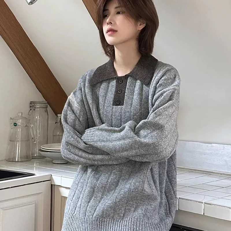 2025 خريف/شتاء جديد 100% سترة صوف نقية المرأة عادية محبوك طوق البلوز فضفاض موضة للجنسين سترة #4