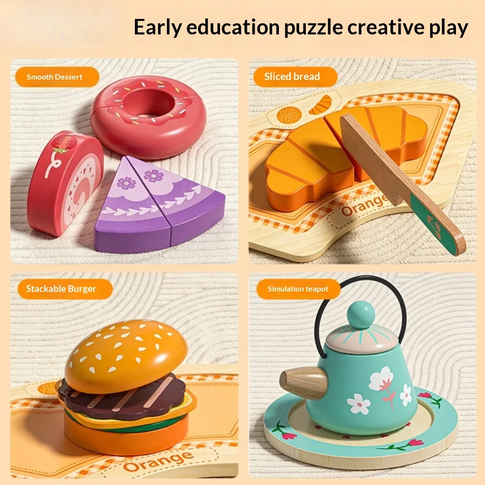 Wooden Afternoon Tea Party Playset Pretend Chef Role Play Dining Set with Teapot Educational Simulation Tableware Toy Gift