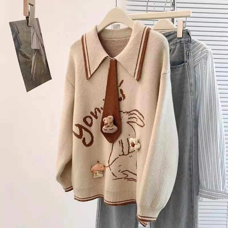 

Утепленный мужской вязаный свитер большого размера (до 300 фунтов) с мультяшным принтом на горловине, осенне-зимний, в стиле оверсайз, из полиэфирного волокна, молодежный, модный