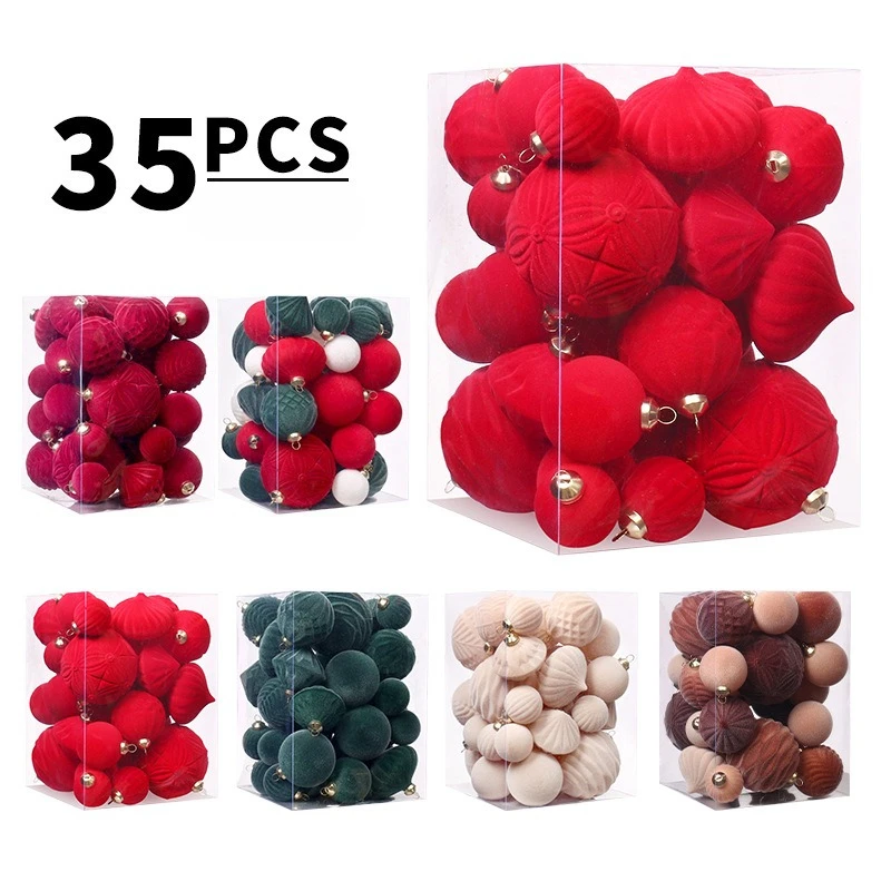

35pcs Flocked Christmas Velvet Ball Pendant Reusable Shatterproof Christmas Hanging Balls DIY Xmas Tree Ornaments