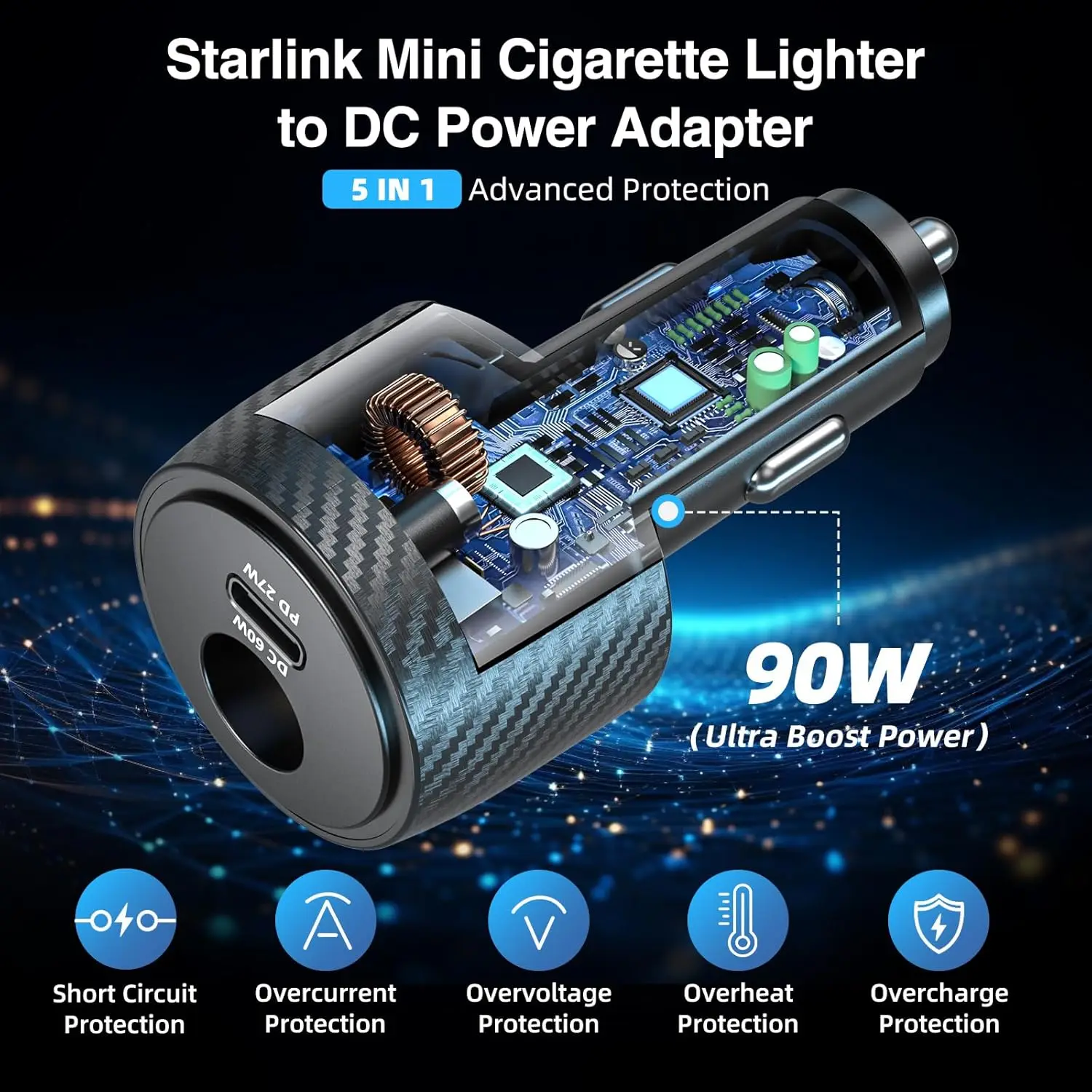 Für Starlink Mini Auto-Adapter 30V DC/PD Aufwärtswandler 90W Auto-Zigarettenanzünder-Adapter 12V-24V Auto-Ladekabel für Auto und Wohnmobil – Detail 3