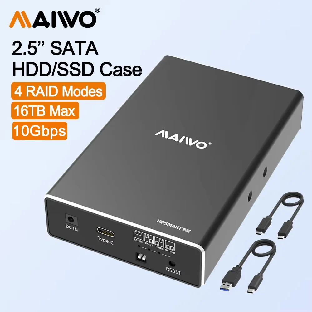 maiwo-hard-drive-enclosure-dual-bay-for-25''-sata-ssd-hdd-support-4-raid-modes-gen2-10gbps-with-16tb-capacity-aluminum-hdd-case