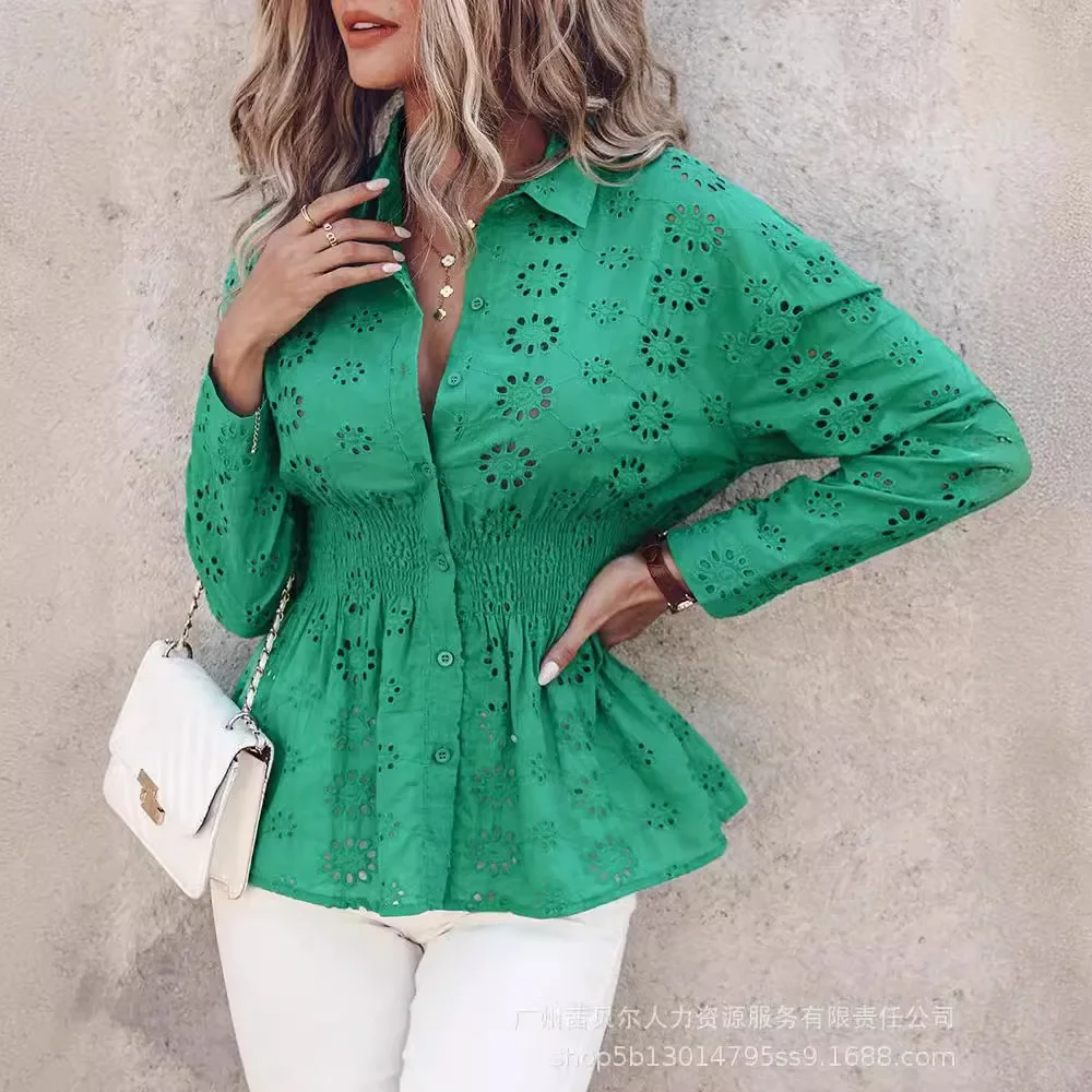 Green Top Women Embroidery Shirt Tops Blouses Turn Down Collar Shirts Elegant Splice Single Breasted Hollow Out Top Shirts Tight