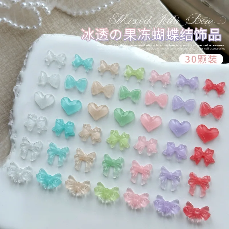 30PCS Clear Resin Nail Art Bow Charms Accessories Jelly Bowknot Heart Parts For Manicure Decor Nail Decoration Supplies Material