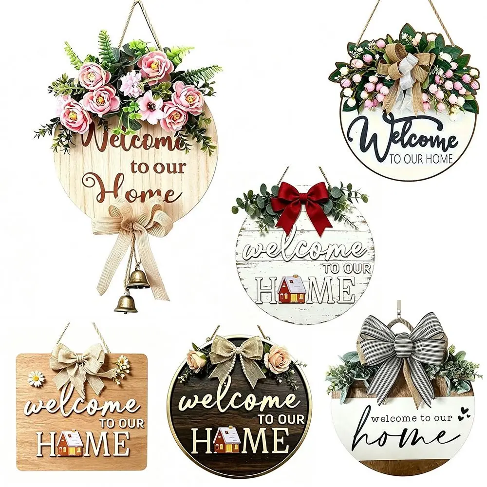 Durable 2D Flat Wooden Door Sign Solid Wood Floral Pattern Wooden Welcome Sign Bow Pattern Round Doorplate Holiday Decorating