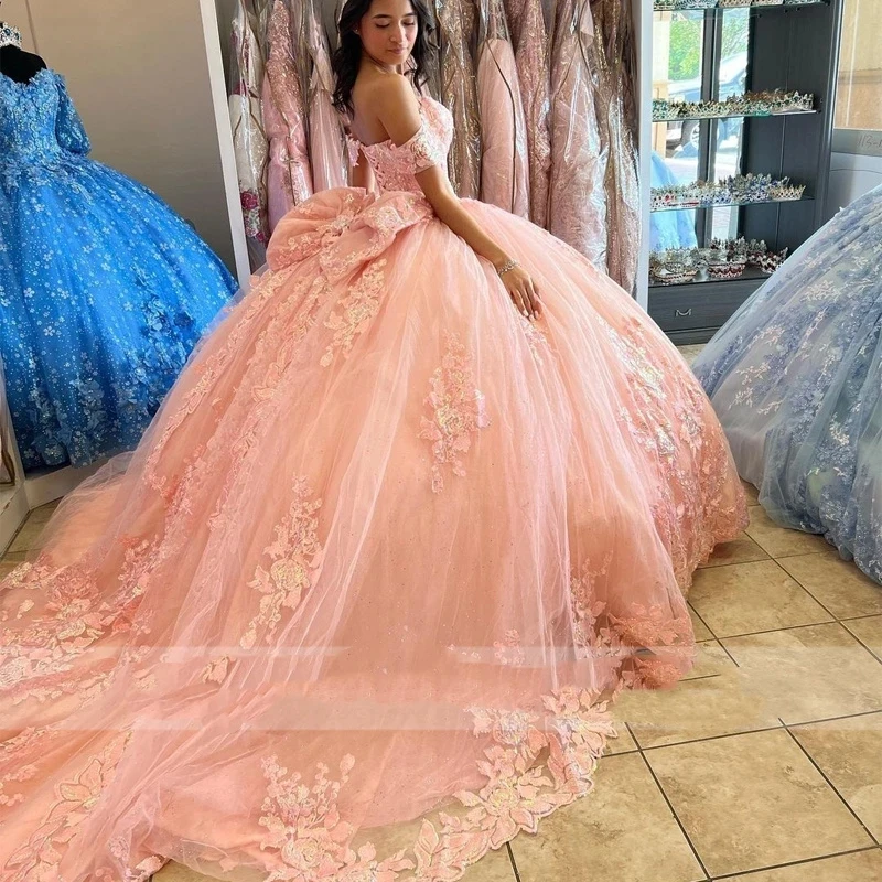 ANGELSBRIDEP Glittering  Pink Quinceanera Dresses Flower Lace Appliques Vestidos De 15 Anos Birthday Party Princess Train Corset