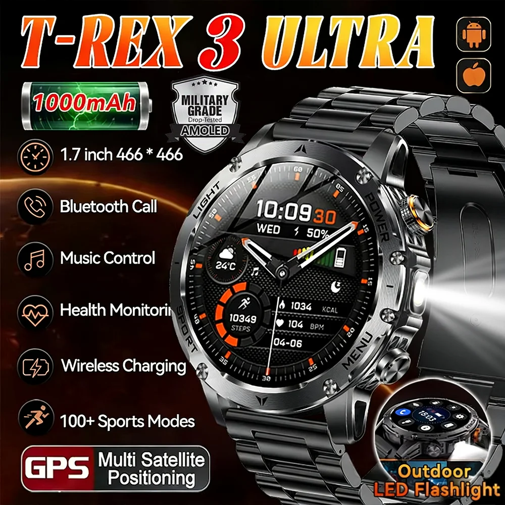 2025 New GPS Outdoor Sports Smart Watch Men AMOLED Screen NFC Flashlight Heart rate Waterproof Bluetooth Call 1000mAh SmartWatch