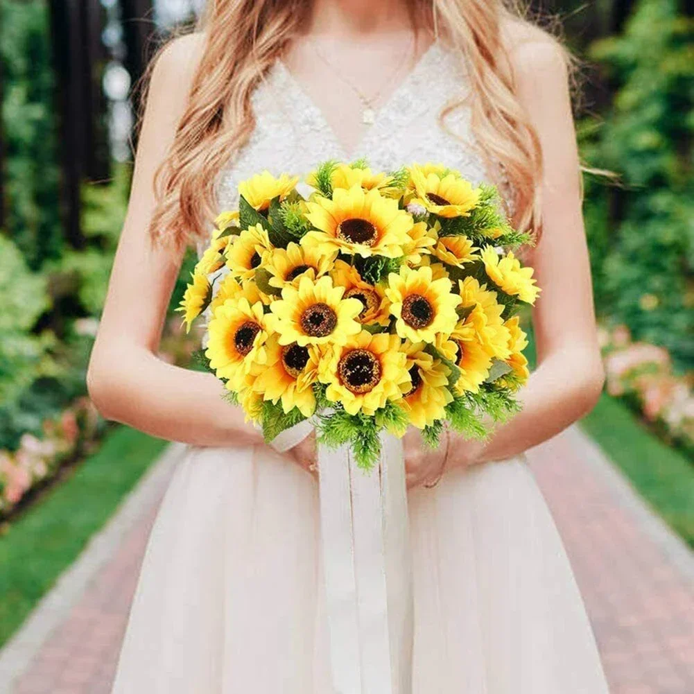 24 Heads Artificial Sunflowers Fake Flower Bouquet Garden Wedding Party For Bridal Bouquet Wedding Party Home Decorations