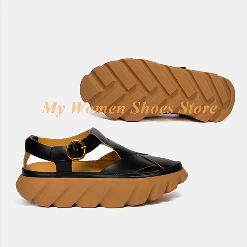

Muffin Heel Cut Out T Strap Sandals Spring Summer Women Dress Shoes Buckle Strap Cover Toe Hot Sale Comfortable Dress Shoes