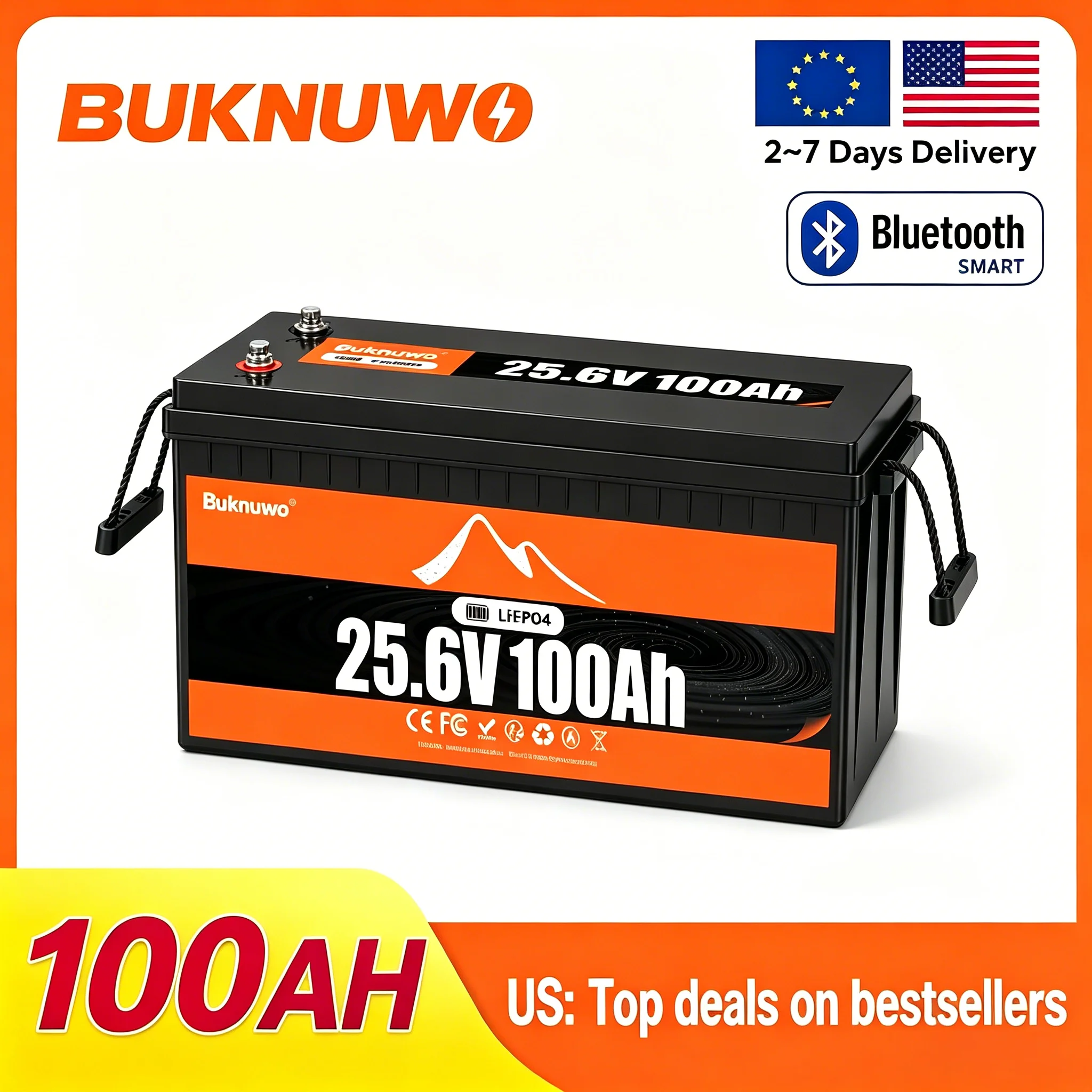 BUKNUWO 24V/25.6V 100Ah LiFePO4 Lithium Battery With Bluetooth Built-in BMS 100A Energy Storage Grade A Cells 6000 Cycles Series/Parallel For Solar Energy Storage RV Marine Off-Grid Camp