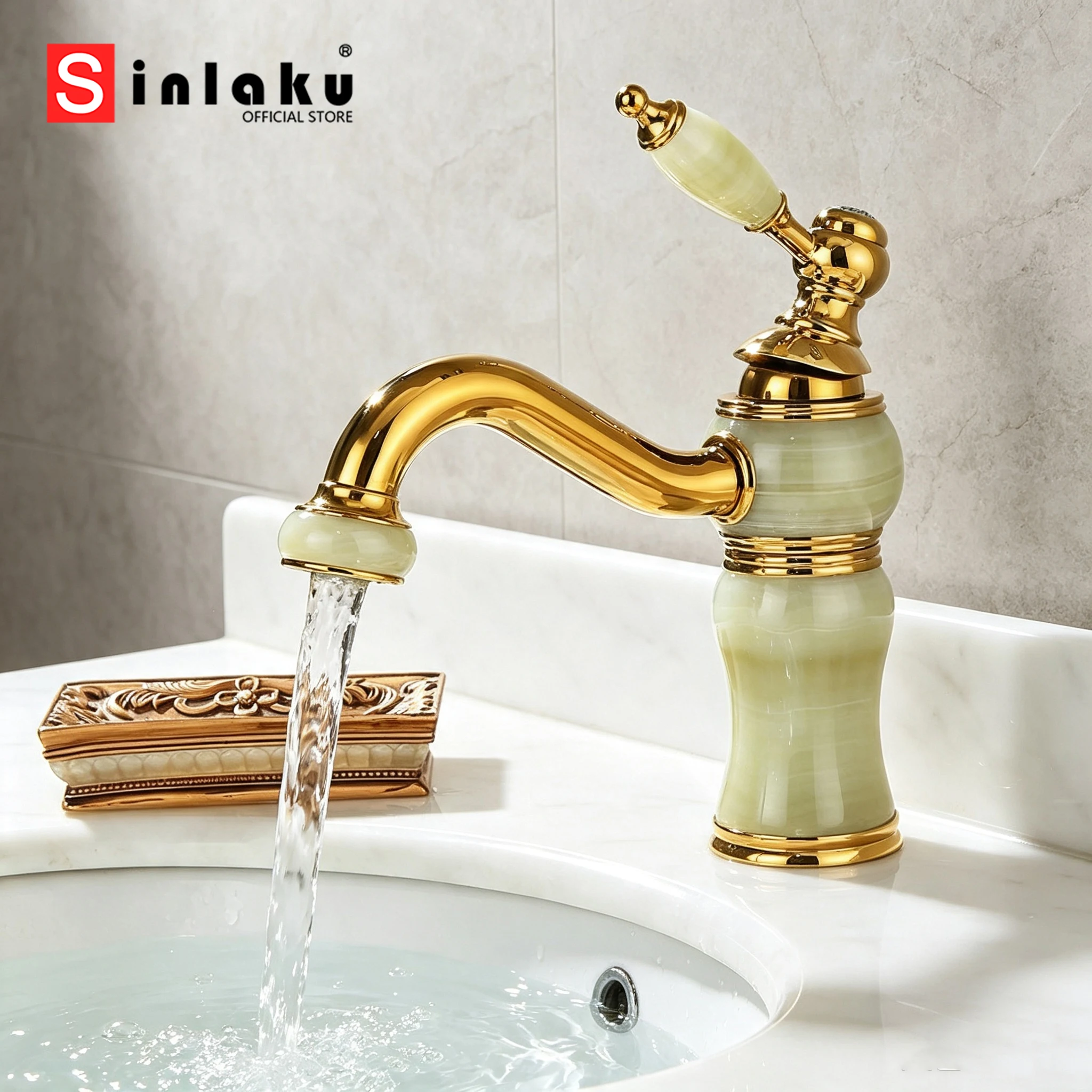 SINLAKU Luxury European Bathroom Basin Different Natural Jade Gold Faucet Vessel Sink Faucets Sink Cold Water Faucet Mixer Tap