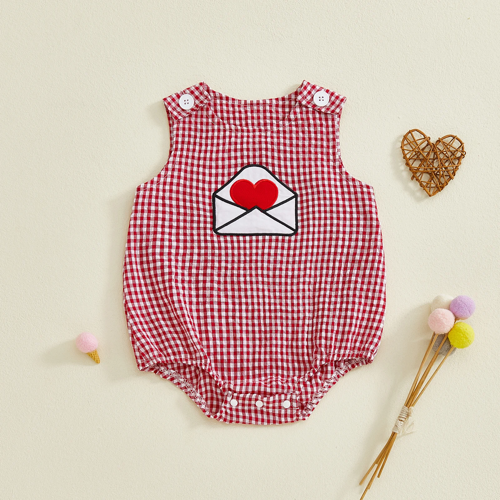 

Детский клетчатый комбинезон на день Святого Валентина, милый конверт, комбинезоны без рукавов с вышивкой в виде сердца