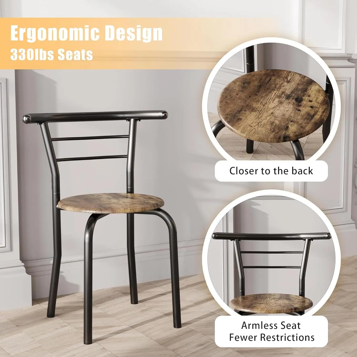 Jummico 3-Piece Wooden Round Table & Chair Set, Space Saving Kitchen Breakfast Nook Wood Grain Tabletop With Metal Frame And