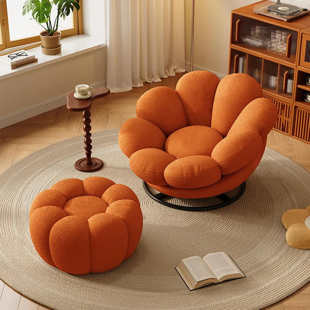 

Swivel Single Sofa Chair with Ottoman, Modern Lounge Pumpkin Shape Sofa Round Lazy Chair